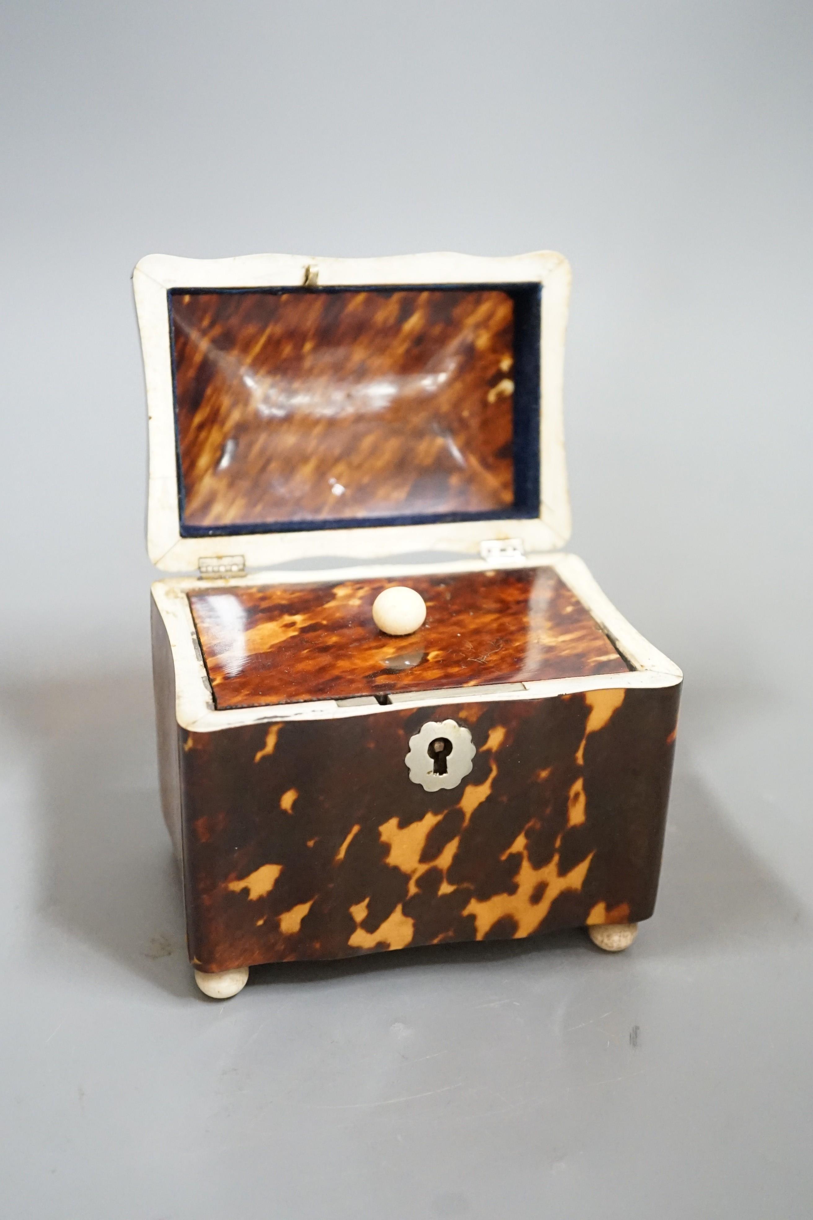 A rare small 19th century tortoiseshell and ivory mounted tea caddy, 9cms wide x 10cms high